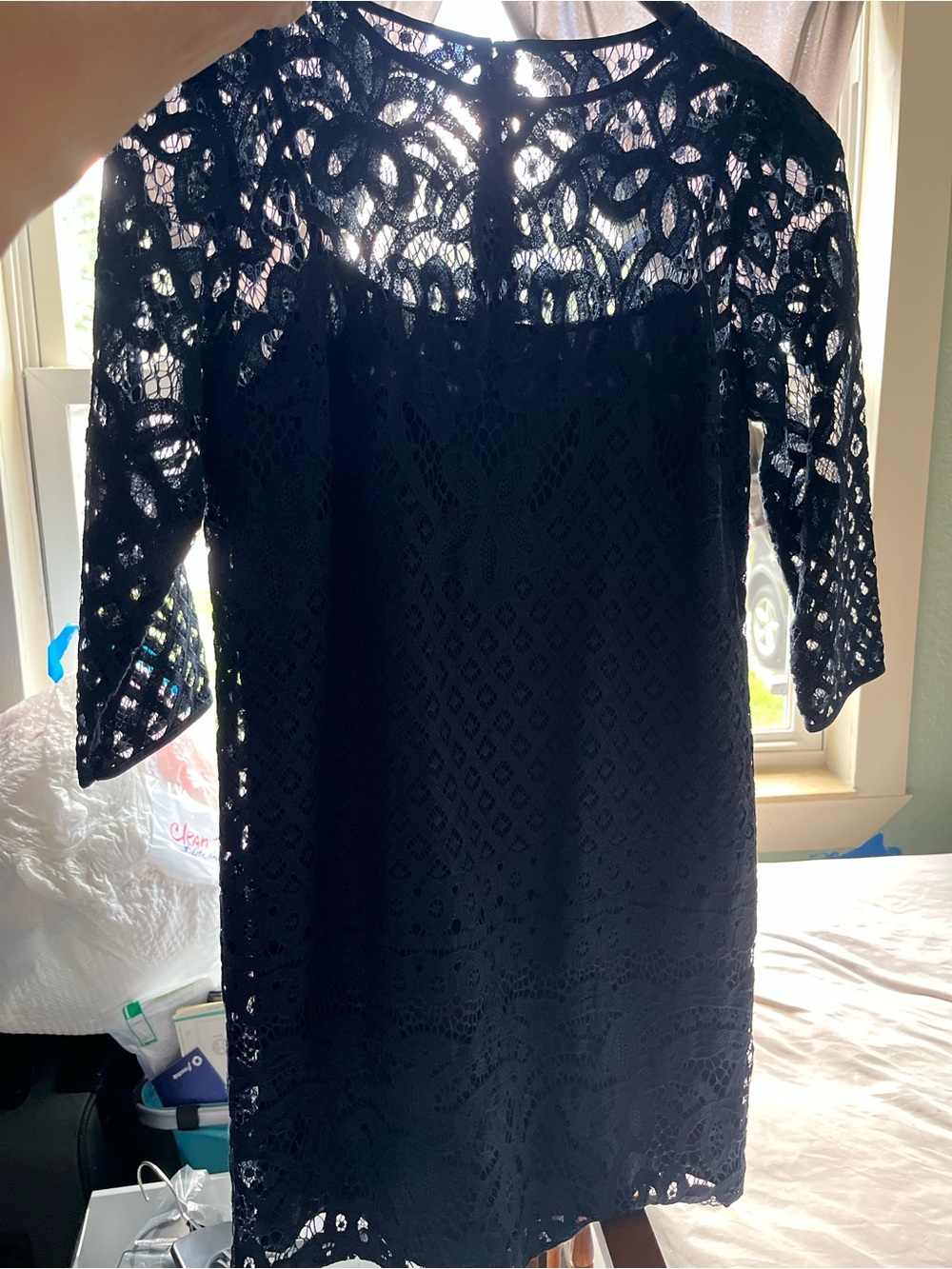 LOFT Navy Lace Midi Dress with Crochet Overlay